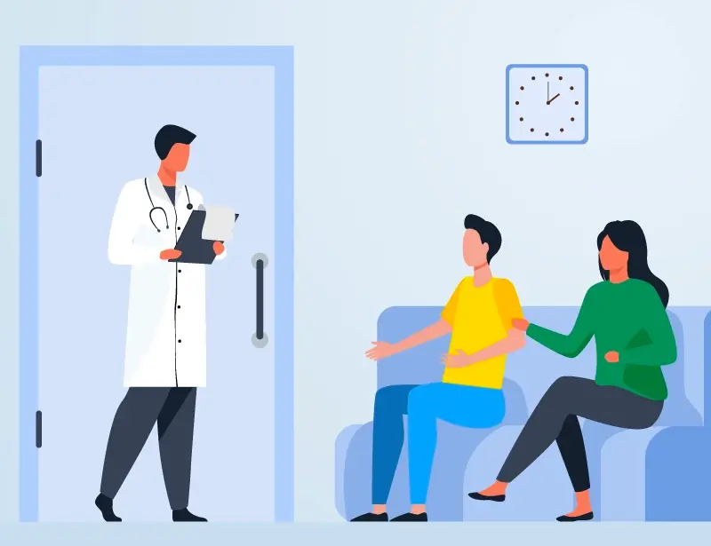 An illustration of people sitting in the waiting room at a doctor’s office
