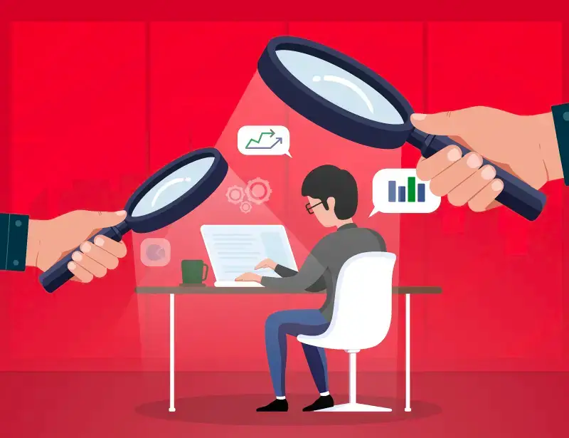 An illustration of a worker being watched by managers