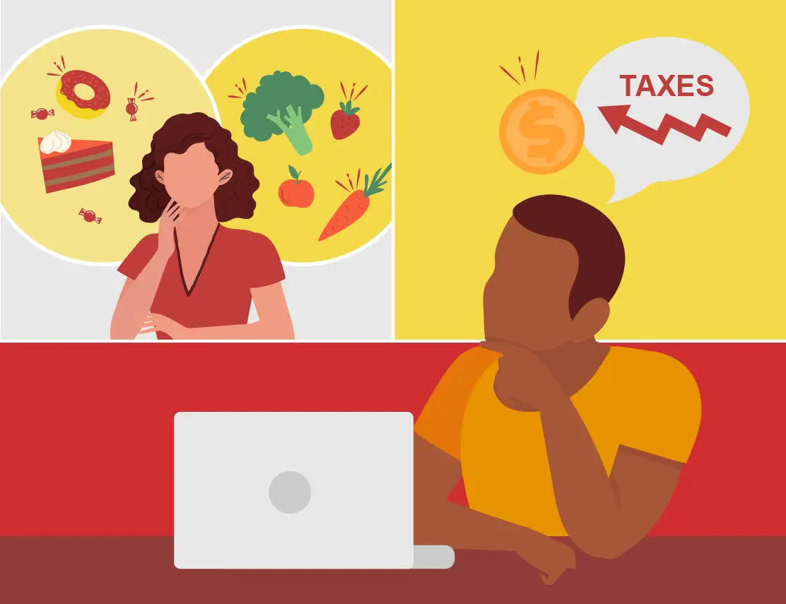 An illustration of one person thinking about food and another of a person thinking about taxes
