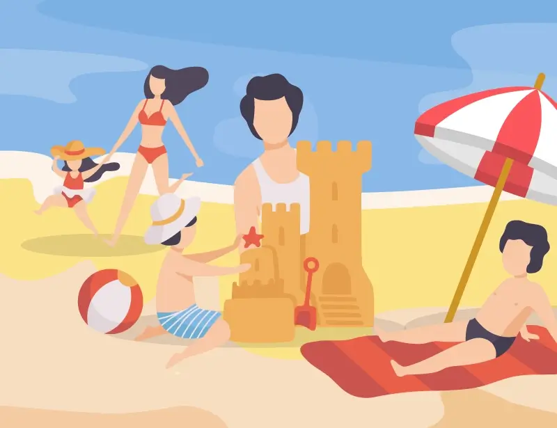 An illustration of a family on a beach
