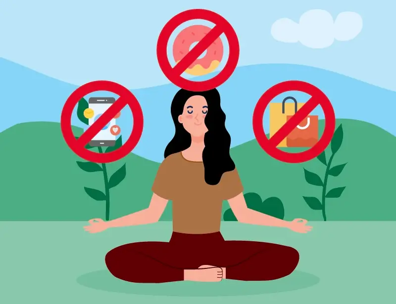 An illustration of a woman sitting with a phone, food and shopping bag illustrations crossed out above her