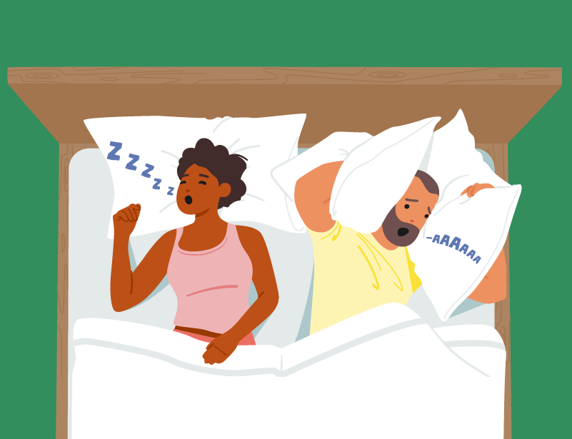 An illustration of a partner’s snoring keeping a person from sleeping