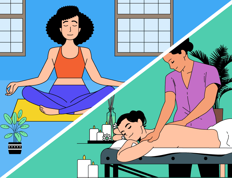 An illustration of a woman meditating and another woman getting a massage