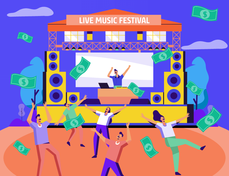 people dancing at a live music festival with money raining down