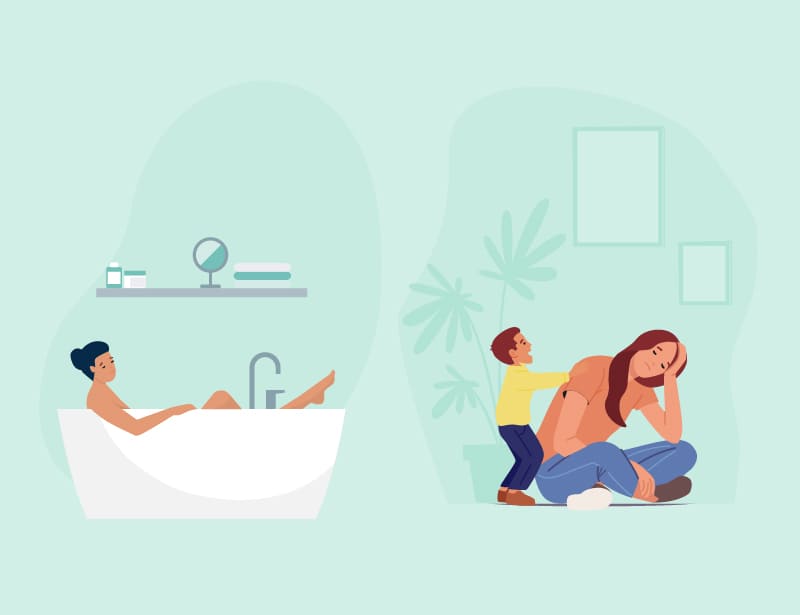 An illustration of one woman relaxing in a bath on one side, and a mother and her child on the other side