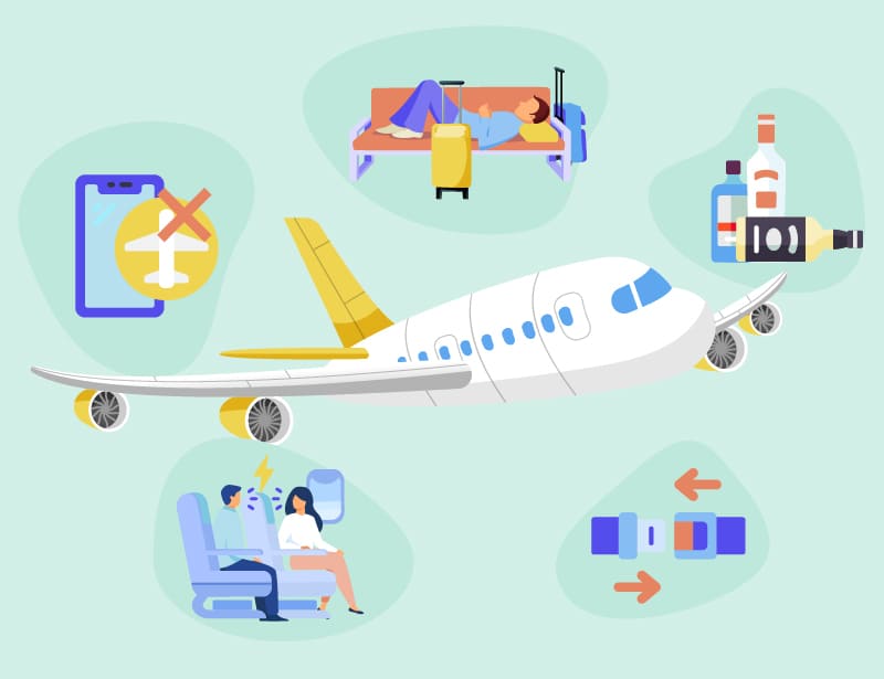 An illustration of several bad habits committed by travelers